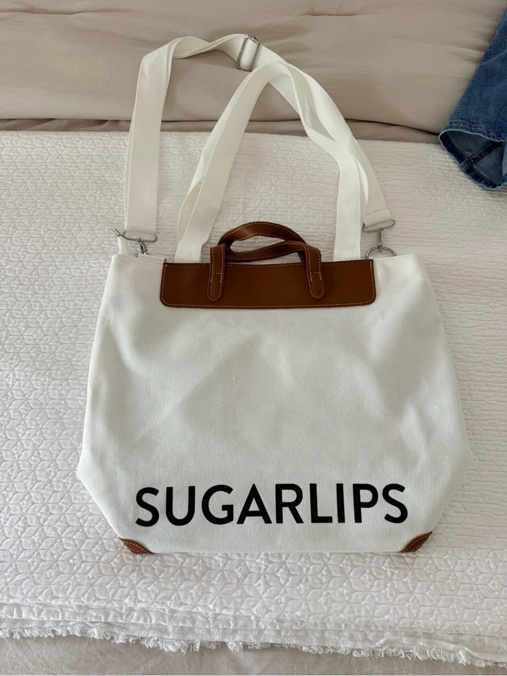 Sugarlips White Canvas Tote with Brown Trim and Black Logo